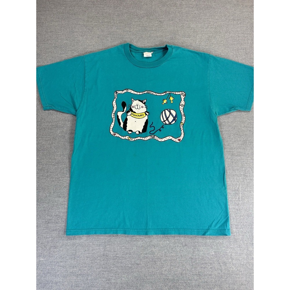 Vintage 90s Miss Kitty Cat T Shirt Womens XL 18-20 USA AJH Graphic Teal